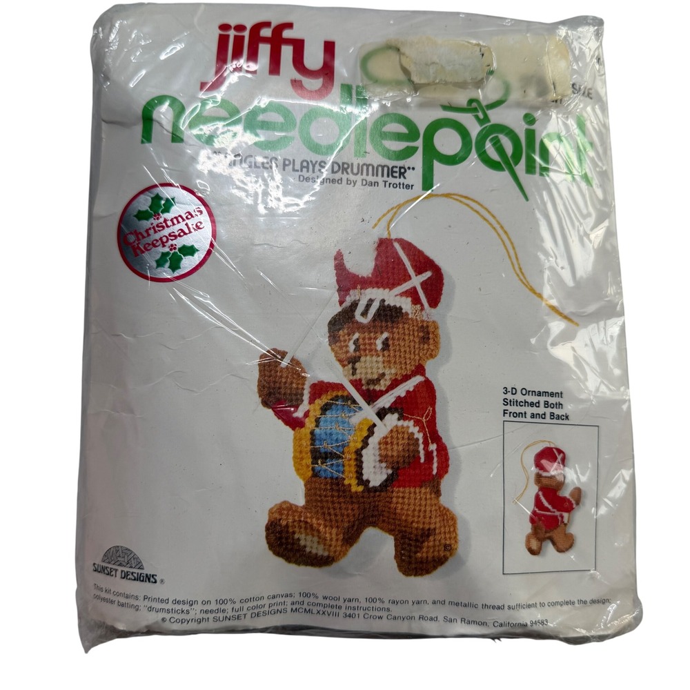 JIFFY Needlepoint Sunset Designs Jingles Plays Drummer Bear Ornament Kit 1978